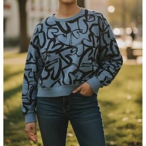 Maeve Anthropologie  Women's Small  Blue Black Heart Scribble Sweatshirt NWT